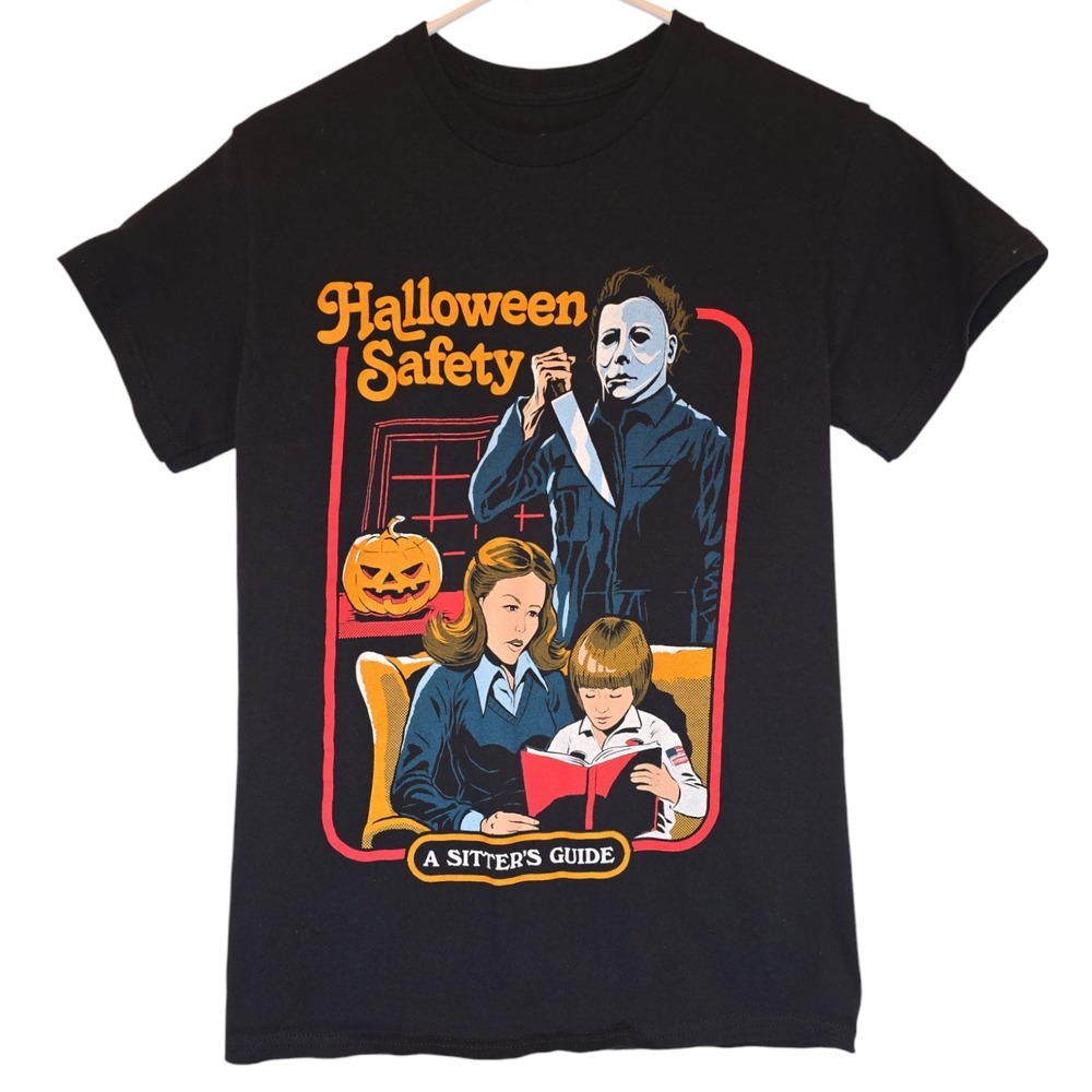 Halloween Safety "A Sitters Guide" T-Shirt Size S Black Tee Michael Myers Creepy
